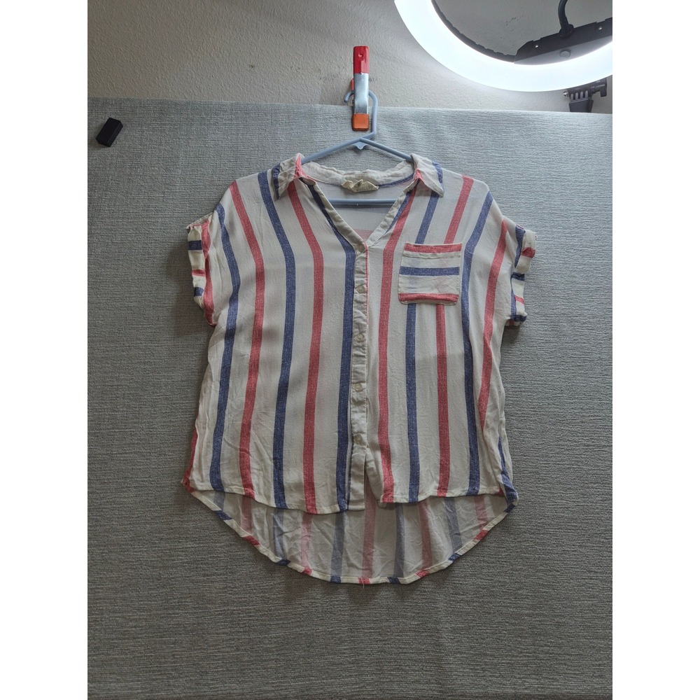 Sweet Wanderer Shirt Womens Medium Multicolor Striped Pleated Button Up Casual